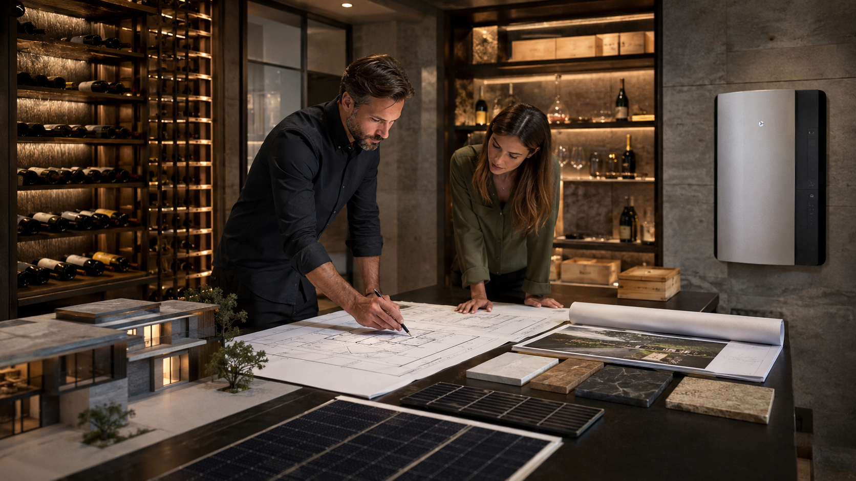 Architect and builder reviewing luxury solar wine cellar plans