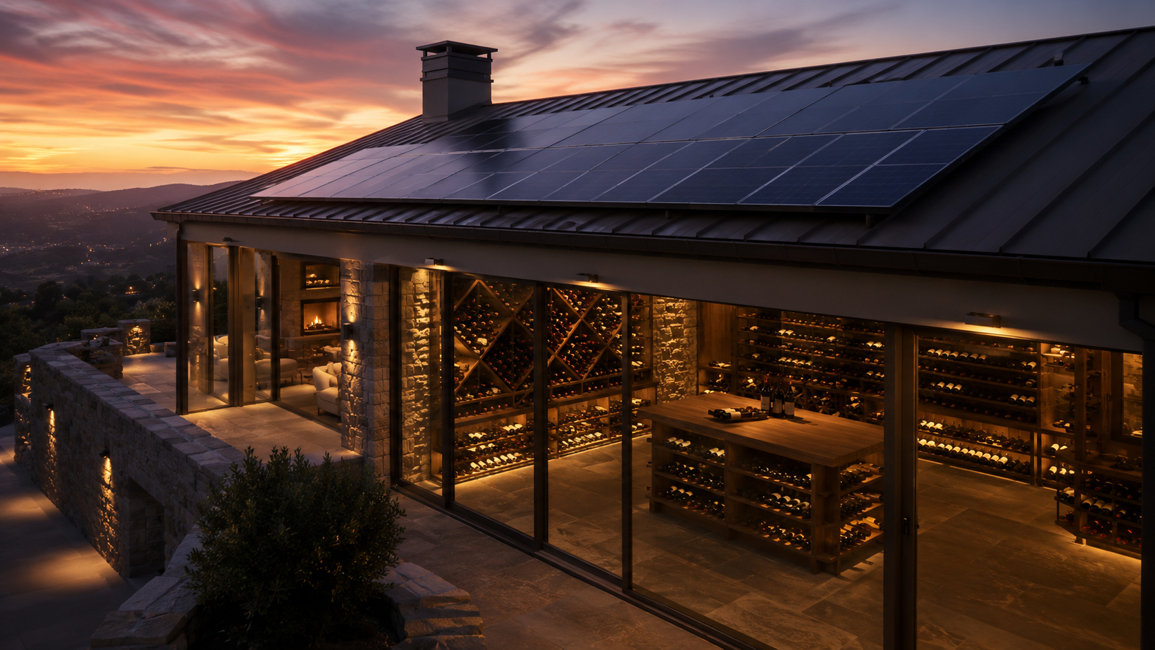 Estate home with rooftop solar and protected wine cellar