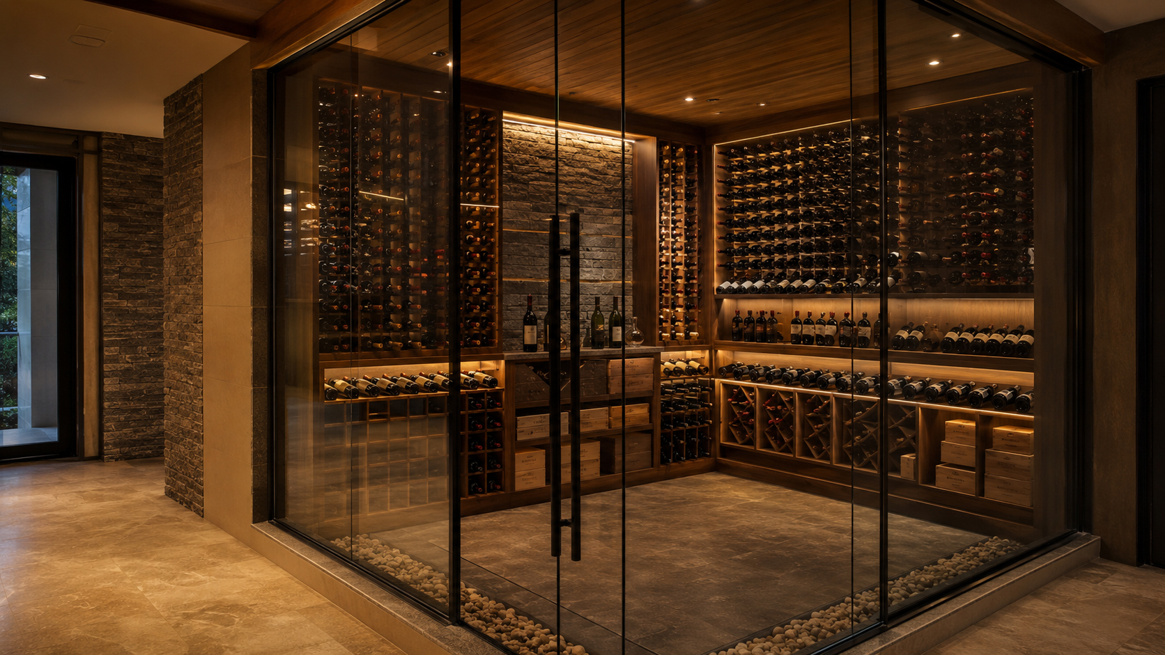 Premium glass wine room with warm lighting and protected climate