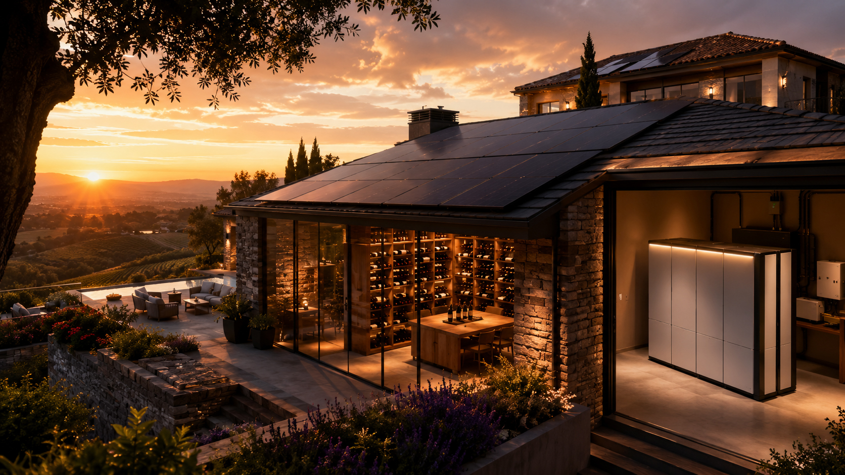 Luxury estate wine cellar with solar panels and battery backup at sunset