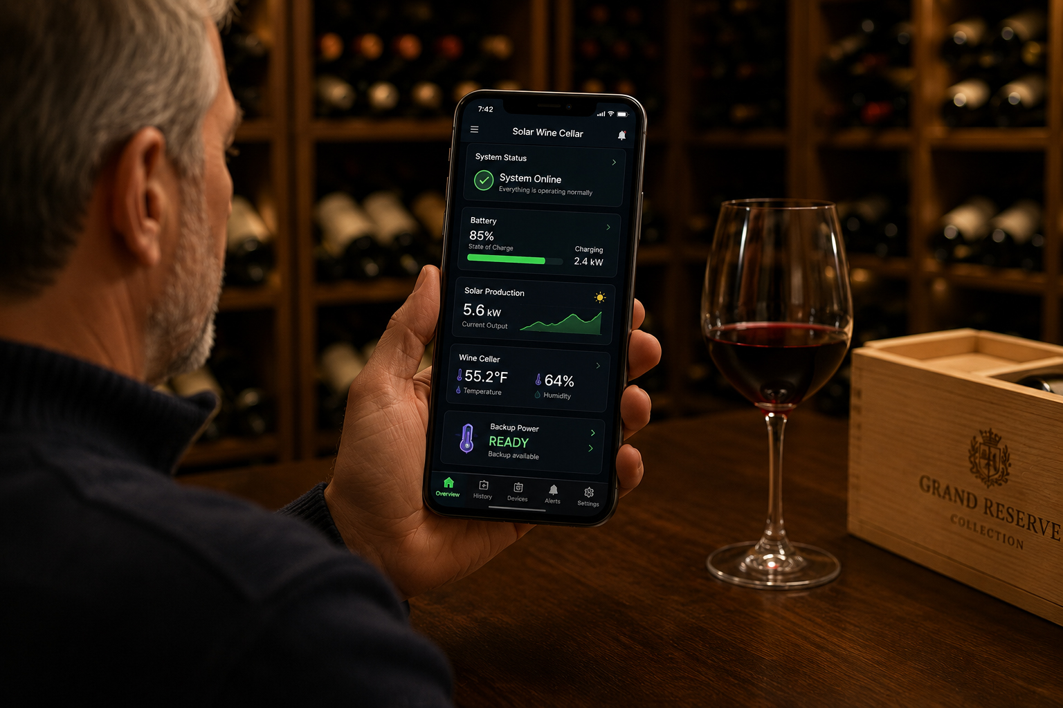 Wine collector viewing solar battery and wine cellar monitoring