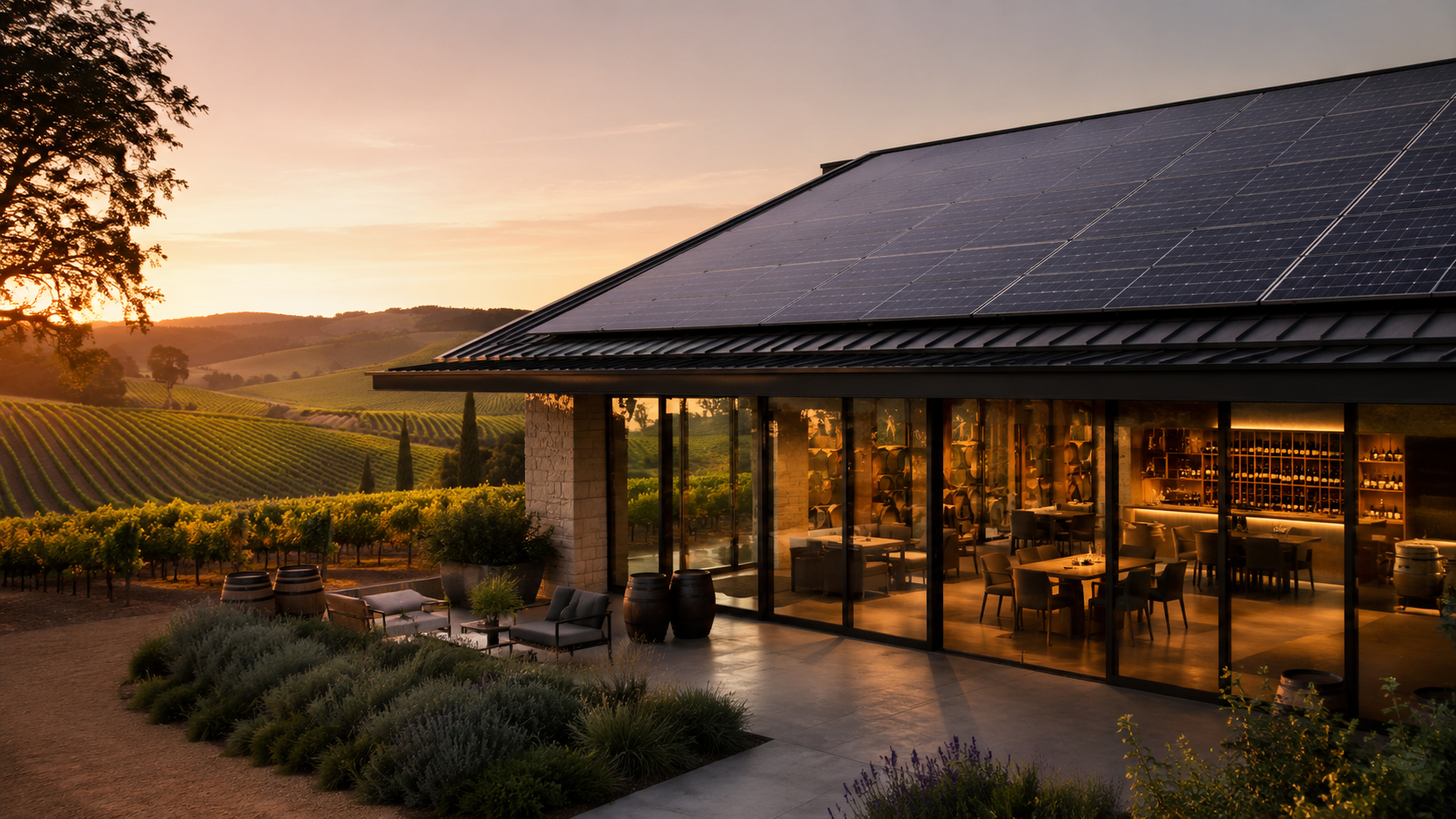 Generic winery tasting room with solar roof and no branded signage